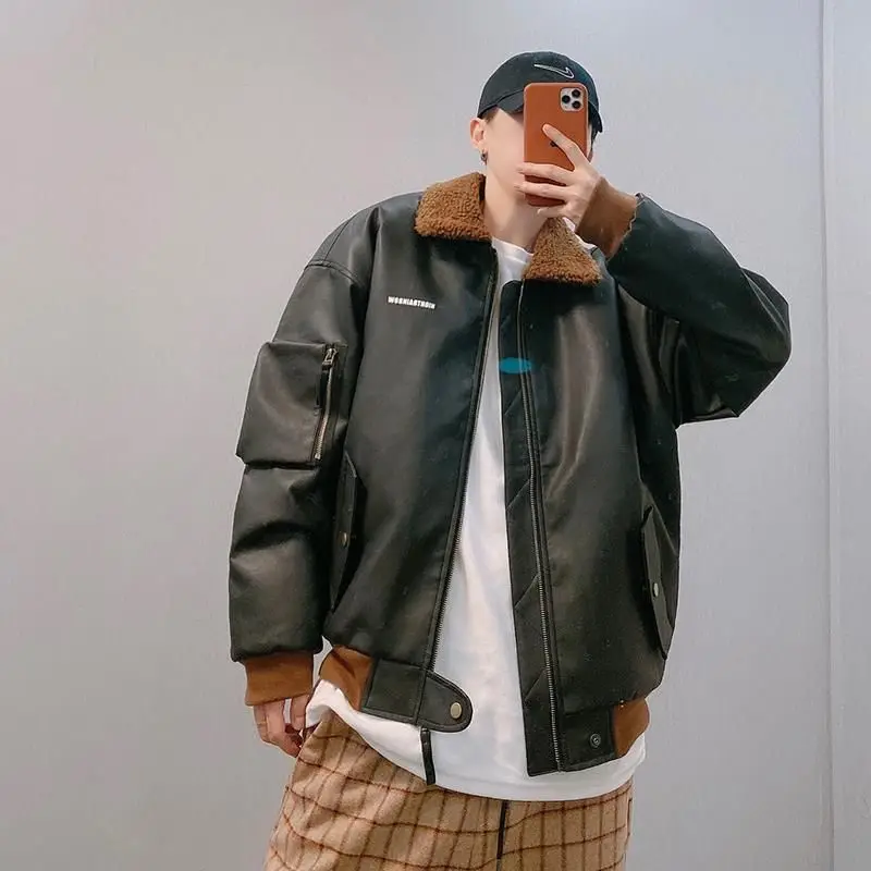 Зимние куртки мужская куртка из искусственной кожи с принтом воротником