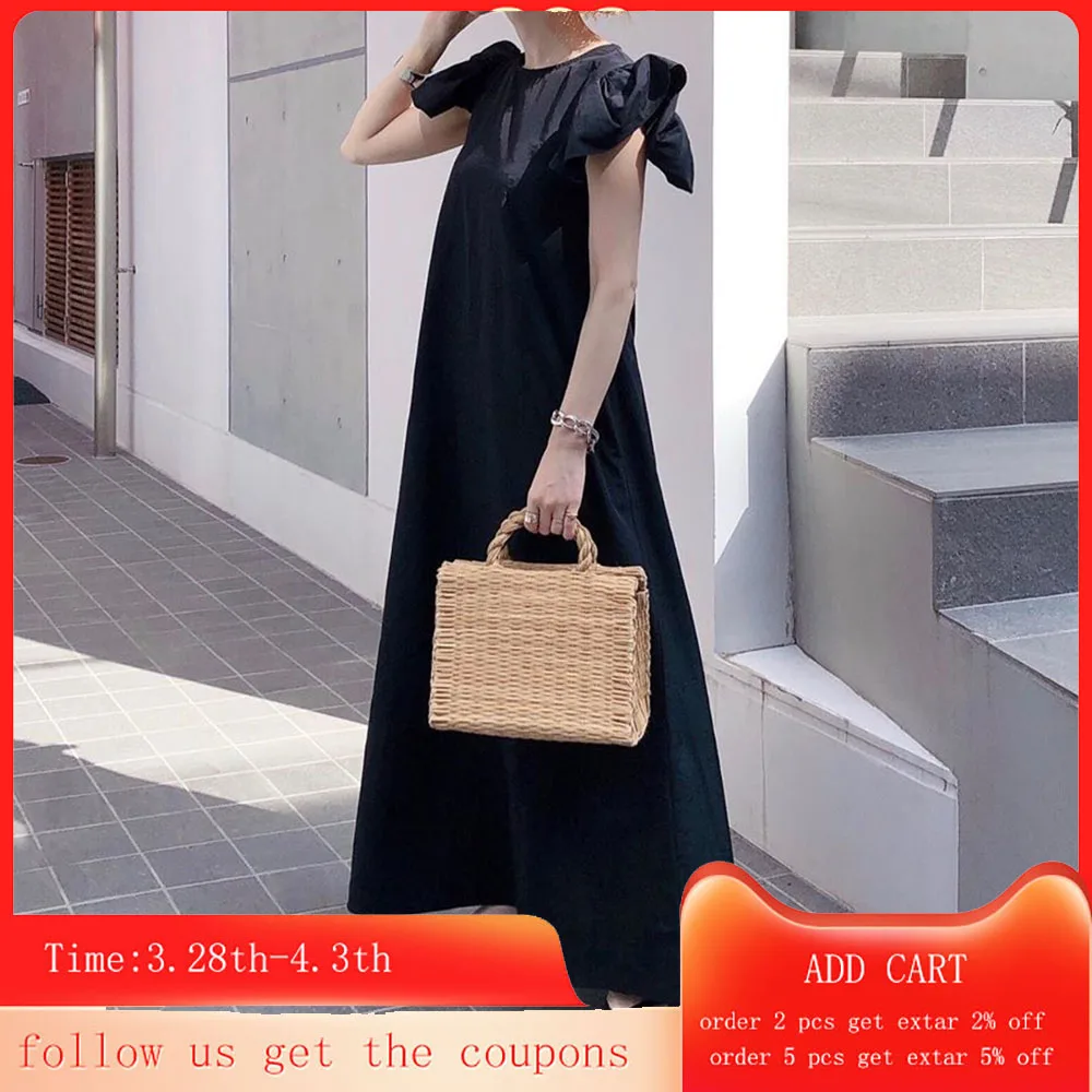 

Black Ruffles Summer Long Dress Women 2020 Korean Style Casual A Line Dress Pullover Daily Work Office Holiday Maxi Dress Robe