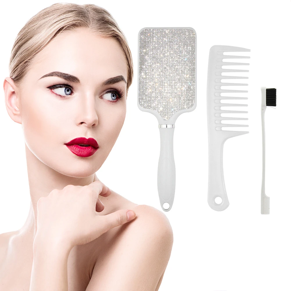 

3pcs Hairdressing Massage Comb Anti-static Airbag Combs Wide Teeth Comb Eyebrow Brush Kit Hair Care Tool w/Rhinestone