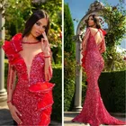 Арабский красный сверкающий Русалка сексуальные вечерние платья с отвесным вырезом и длинными рукавами Выпускные платья с блестками Формальные Вечерние платья 2020
