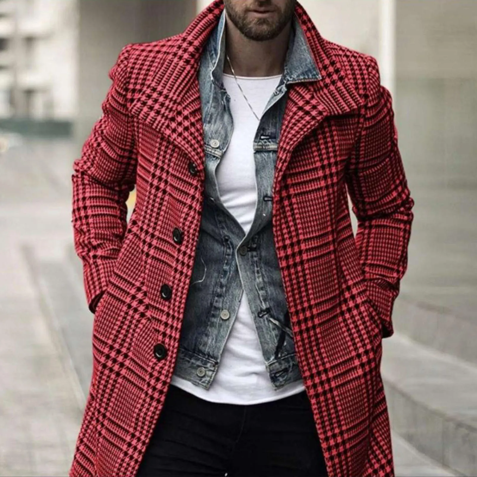 

High Quality Men's Cardigan Wool Blend Plover Case Print Wool Long Sleeve Turn-down Collar Windproof Casual Slim Fits Long Coat