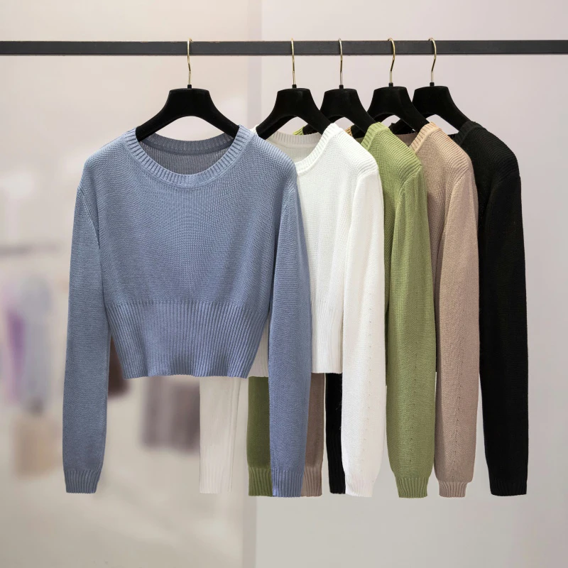 

Fall 2021 Crop Sweater Knitted Women Casual O-Neck Sweaters Long Sleeve Top Clothing Female Pullover Jumpers Sueters De Mujer