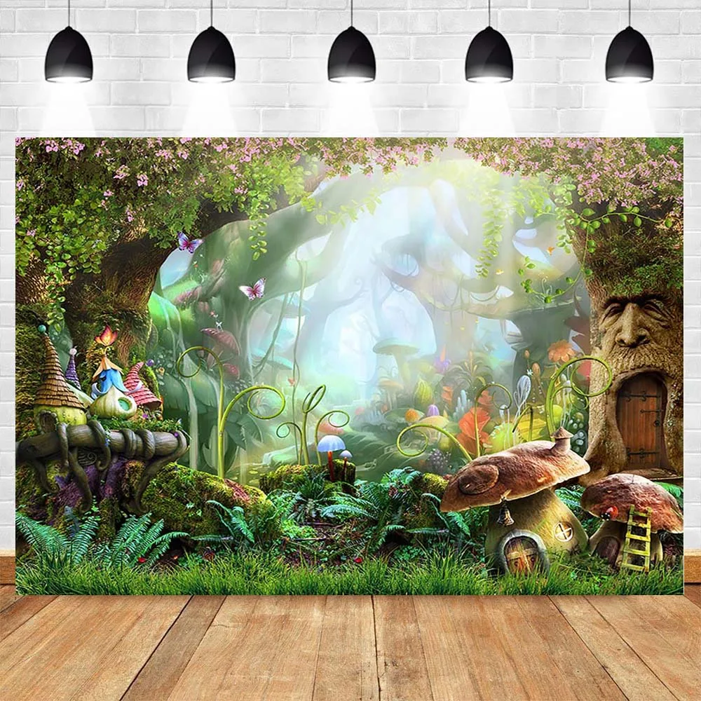 Сказочный лес фон для фотосъемки детей фотостудии гриб эльф дерево дом цветок