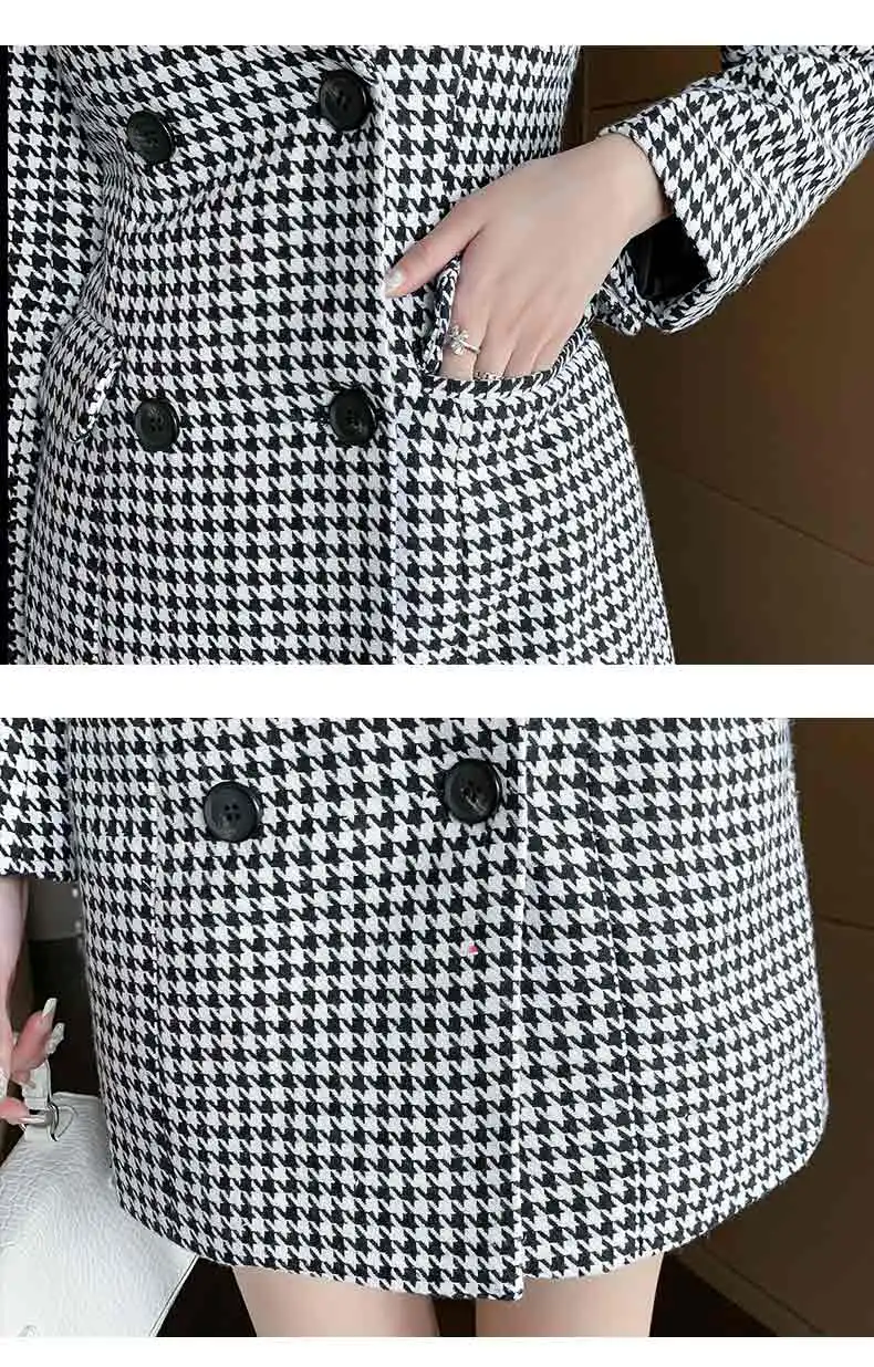 

Houndstooth Winter Long Coat Women Notched Double Breasted Slim A-line Outfit Femme Elegant Office Lady Wool Coats Korean Abrigo