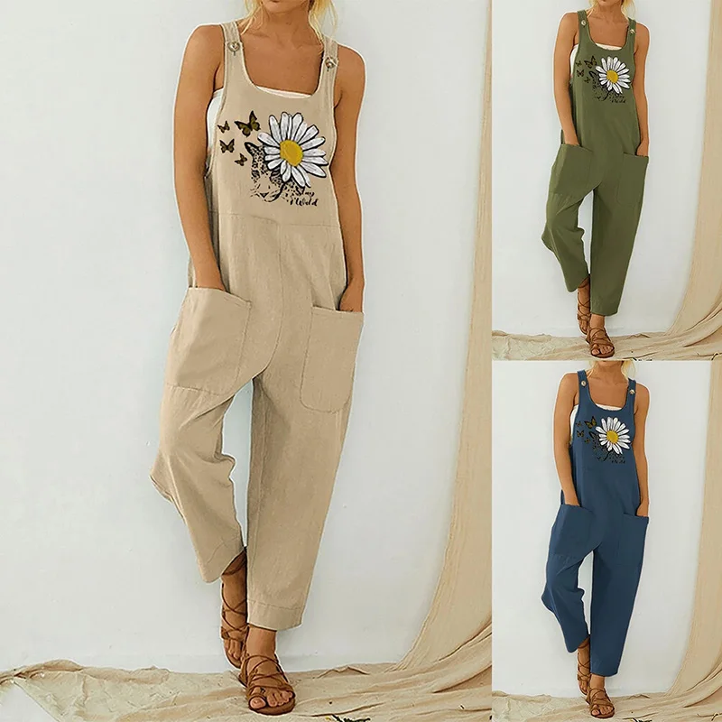 

Oversized Bodysuit Women Casual Jumpsuit Sunflower Strap Button Print Fashion Sexy Sleeveless Fit Suspenders Combinaison Femme