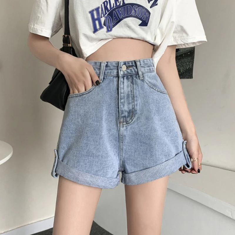 

Summer 2021 New Wide Leg Denim Shorts Women's Loose Thin Rolled Jeans Short Pants Casual Straight Retro High Waisted Shorts