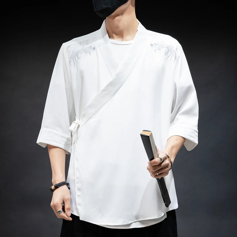 MR-DONOO Spring Summer Men's Chinese Style Embroidered Cross-neck Cardigan Jacket Retro Three Quarter Sleeve Thin Loose Coat | Мужская