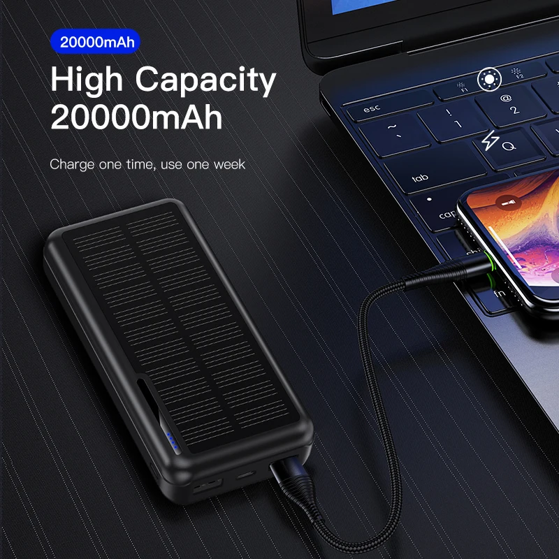 

KUULAA Solar Power Bank 20000mAh Portable Charging PowerBank 20000 mAh Outdoor USB PoverBank External Battery Charger For Xiaomi