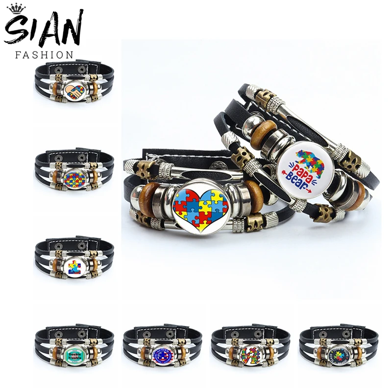

New Autism Awareness Leather Bracelets Glass Red Ribbon Puzzle Love Multilayer Braided Bracelets Bangles Unisex Handmade Jewelry