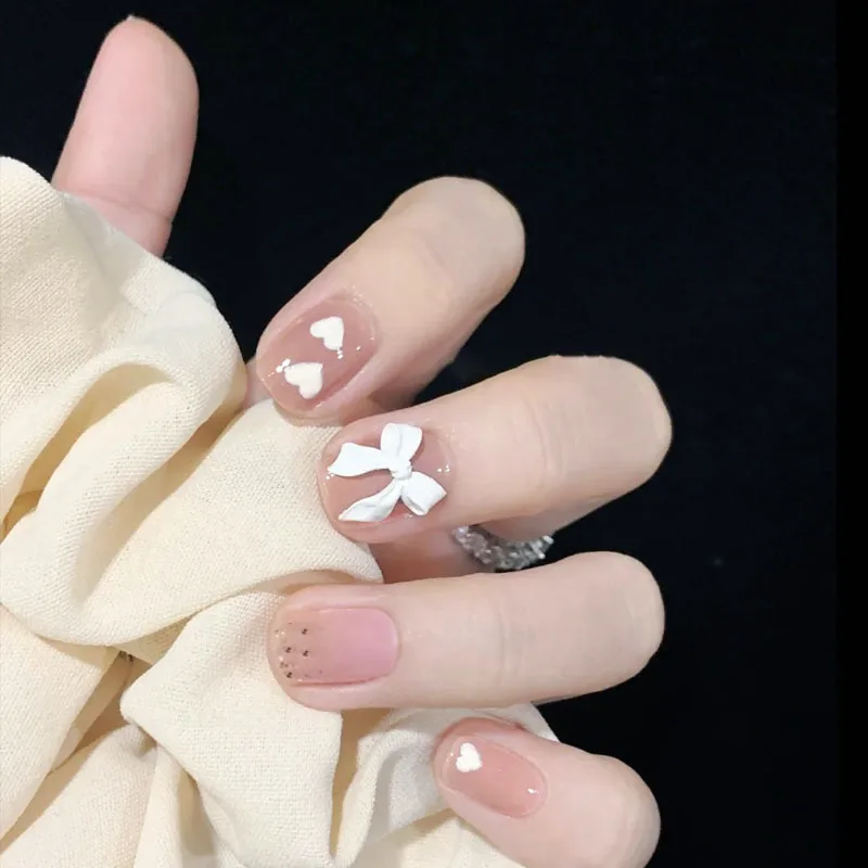 24PCS/Box Bowknot Rabbit Pattern Pearl Short Square Designer Fashion Design French Style Full Covering Pressed Fake Nails images - 6