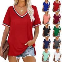 womens v neck solid color stripe splicing tops summer fashion solid color all match short sleeved casual loose t shirt