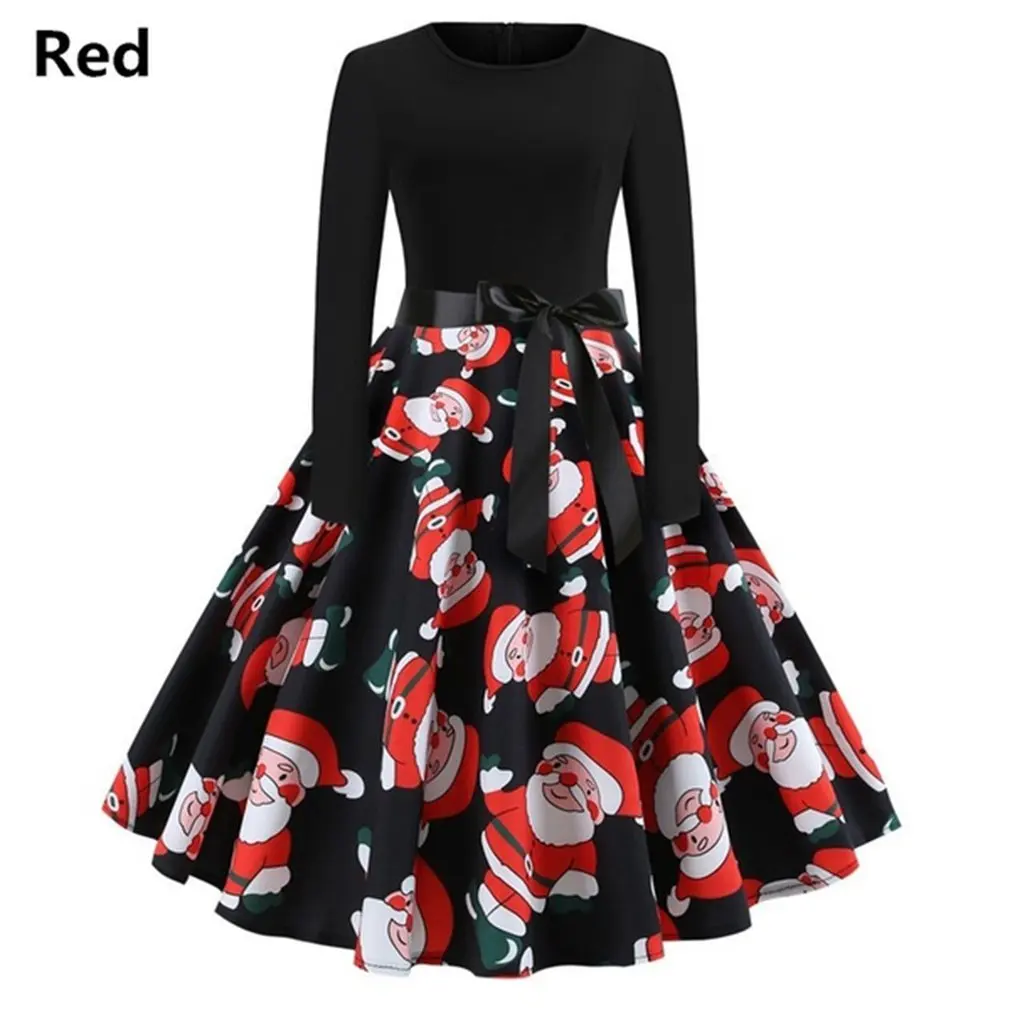 

Winter Christmas Dresses Women 50S 60S Vintage Robe Swing Pinup Elegant Party Dress Long Sleeve Casual Plus Size Print Black