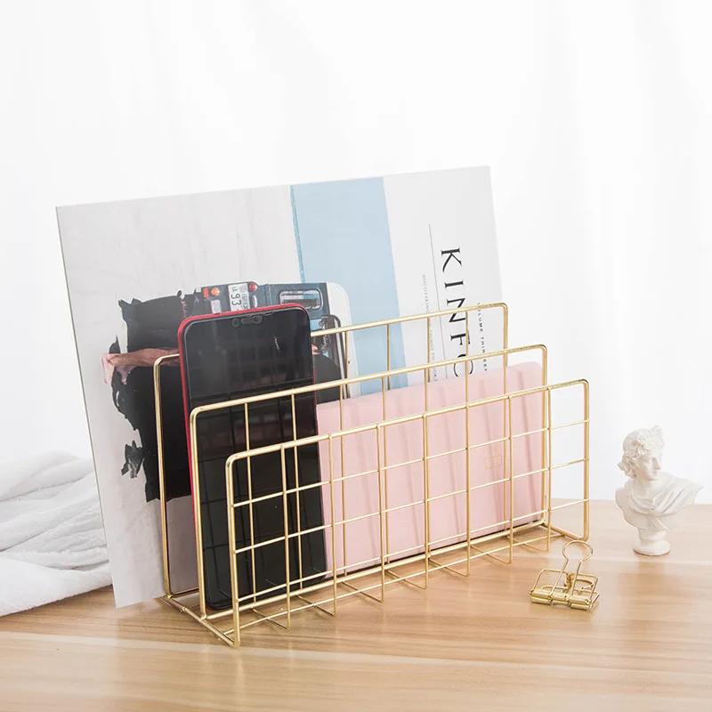 

Creative Three Layer Desktop Magazine Shelf Grid Wrought Iron Desktop Storage Rack Bookshelf Magazine File Home Organizer Holder
