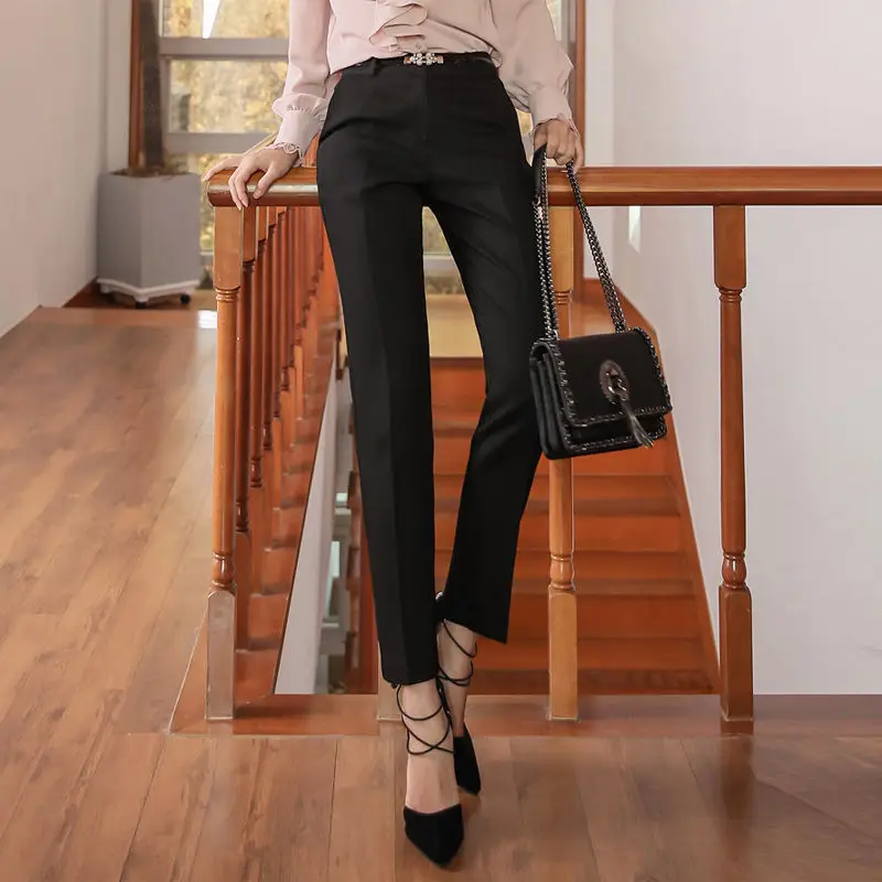 

2021 New Black Gray Woman High Waist Pants Office Lady Fashion Formal Trousers Female Elegant Casual Straight Suit Pants Y530
