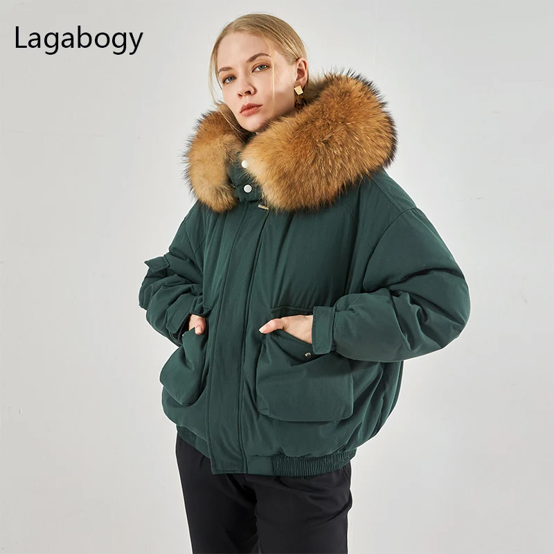 Lagabogy 2021 Winter Large Natural Fur Hooded 90% White Duck Down Coat Women Thick Warm Parkas Female Loose Snow Puffer Jackets