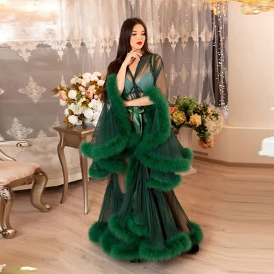 

Sexy Green Caterpillar Style Feather Robe Bridal Dressing Gown Transparent Maternity Dress Photo Shoot Robes Custom Made