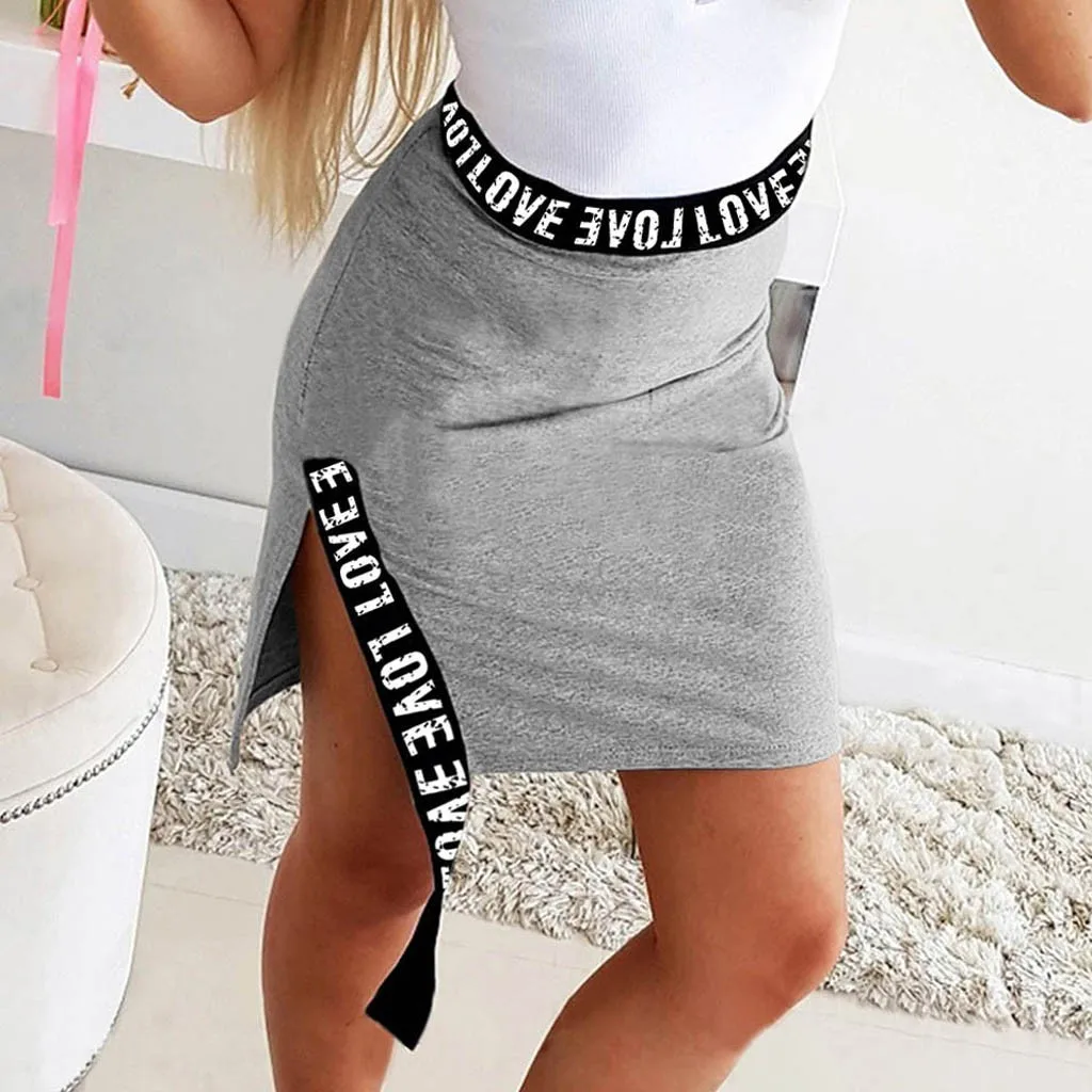 Женская юбка с высокой талией Однотонная разрезом и надписью 2020 @ 47|Женские юбки| |