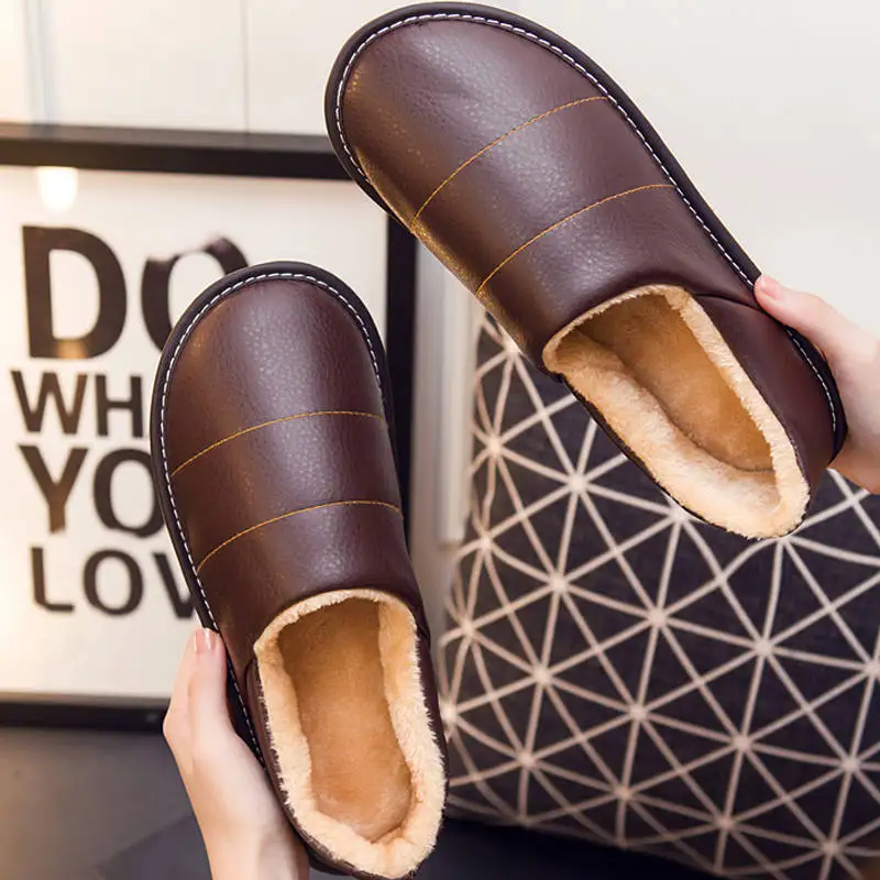 

Leather Slippers Men Winter Warm Shoes Sweing Unisex Home Slippers Male Plush Indoor Slipper 2020 Fashion Man Fur Slippers