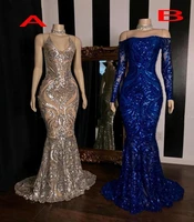 2022 sequined sparkly mermaid prom dresses long sleeve royal blue formal graduation dress plus size evening gowns