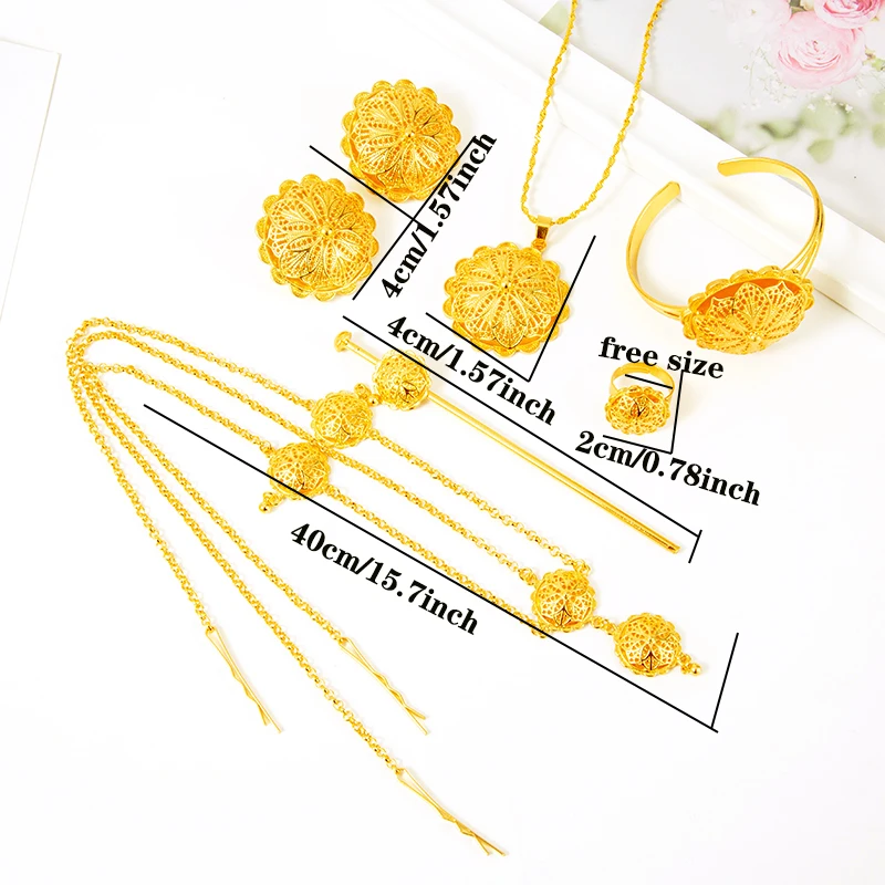 Ethiopian jewelry sets for Women hair chain necklace Clip ring hairpin bracelet Set African wedding gifts | Украшения и