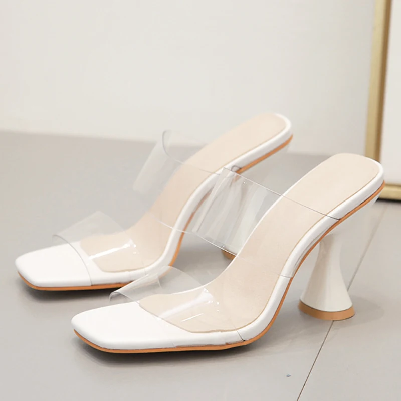 Шлепанцы женские прозрачные на высоком каблуке пляжные сандалии с узким