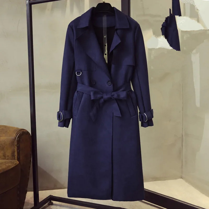 Dark blue UHYTGF, повседневное длинное пальто, женское, роскошное, оленья кожа, замша, весна, осень, Тренч, с поясом, двубортное, тонкая, женская верхняя одежда, 544 - Цвет: Dark blue