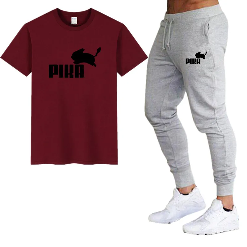 11maroon gray Летние популярные мужские комплекты новые футболки с принтом пика+ штаны комплекты из двух предметов Повседневный Спортивный костюм Мужская Повседневная футболка тренажерные залы Фитнес Брюки - Цвет: 11maroon gray