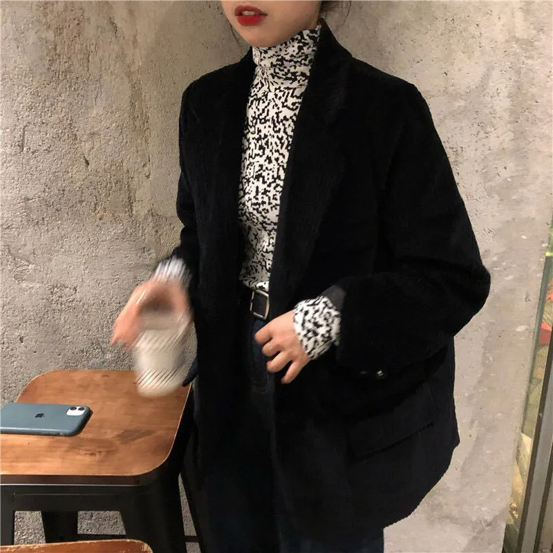 

Retro Corduroy Blazer Coat Women Elegant Single Breasted Office Blazers Vintage Mujer Fashion Female Loose Jacket Casual Outwear