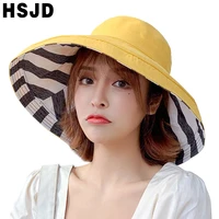 zebra striped sun hat summer women double sided foldable cotton linen sun beach hats big wide brim sunscreen female bucket hat