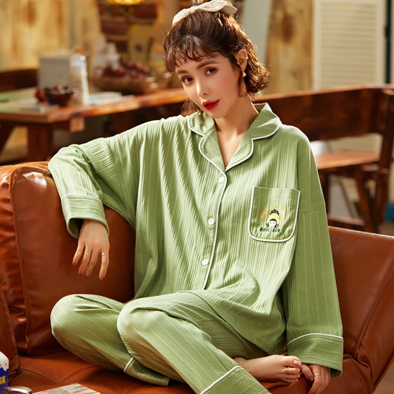 

100% Cotton Women Pajamas Sets with Pants Long Sleeve Pyjama Turn-down with Pocket Sleepwear Women's Pijamas Suit Home Clothes
