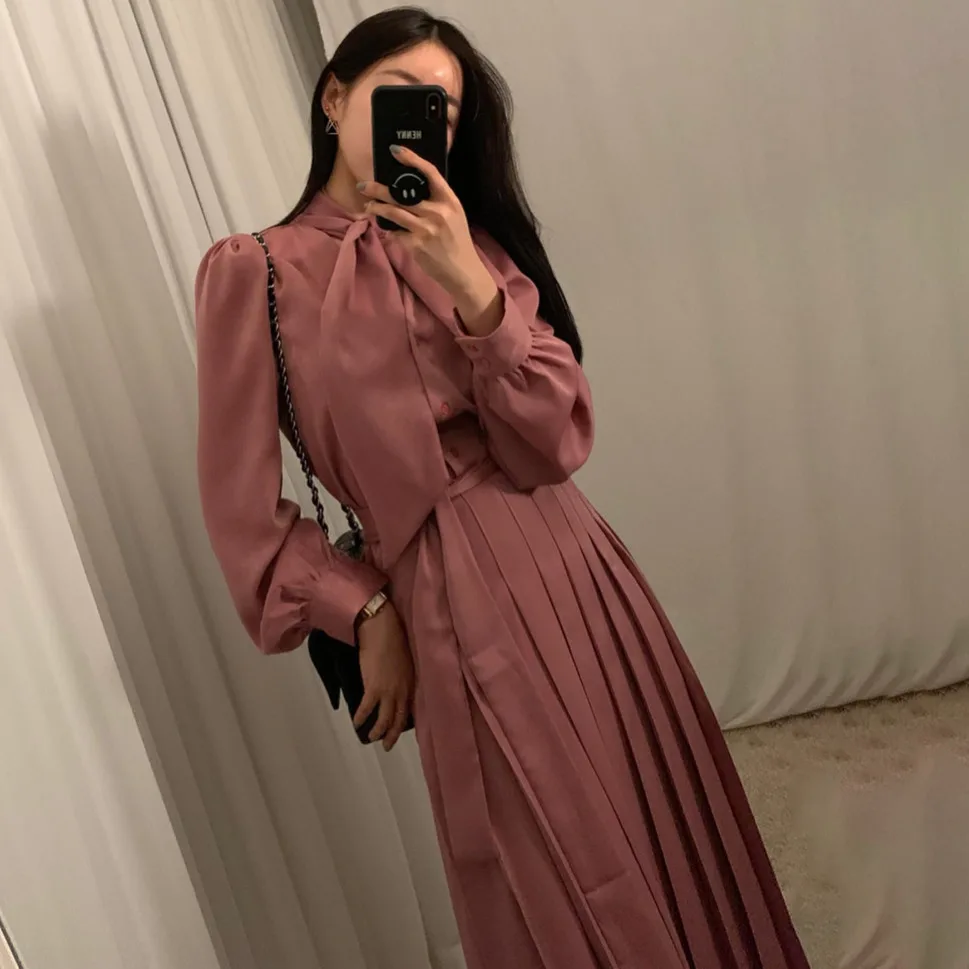 Женское длинное платье в Корейском стиле однотонное хлопковое модное с