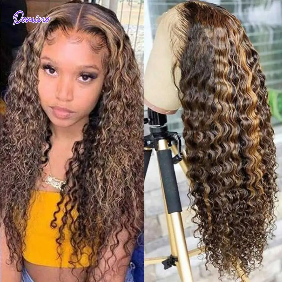 Domino Highlight Curly Lace Front Wigs Human Hair Brazilian Virgin Hair P4/27 Ombre Lace Wig Deep Wave 28 30 Inch Human Hair Wig