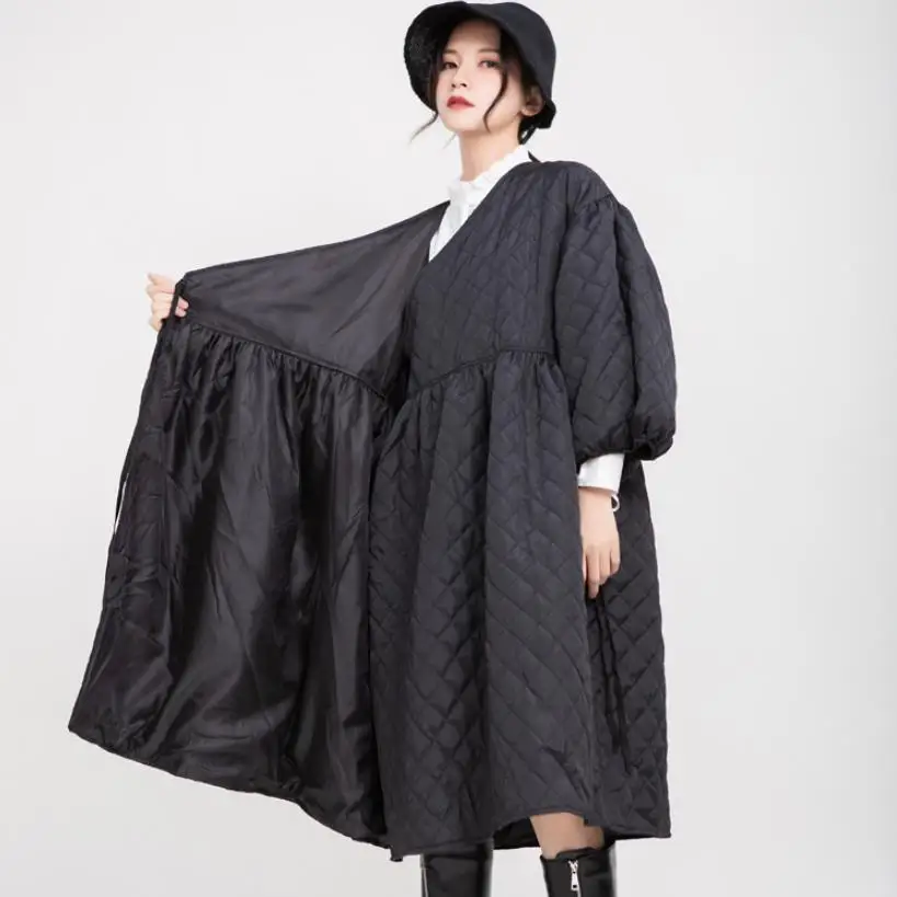 

Женское длинное пальто оверсайз, новое стеганое свободное хлопковое пальто с рукавами-фонариками