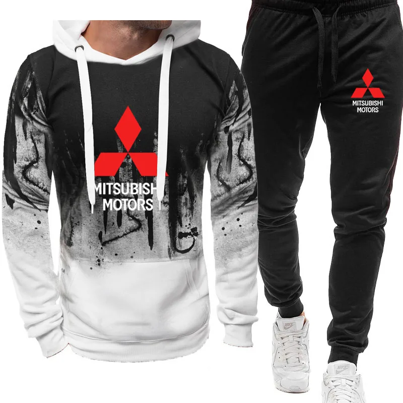 

Mitsubishi logo print men's Sportswear set Autumn Winter Warm Oversize Hoodie+Sweatpant set High quality Men's clothing set