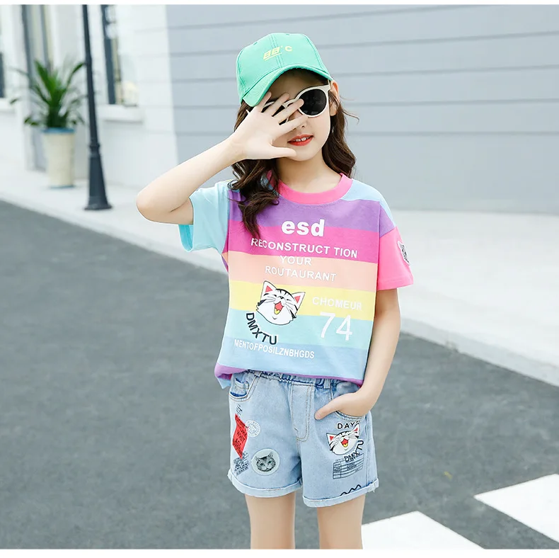 

2021 women's summer wear middle school children's casual striped T-shirt denim shorts children's two piece set