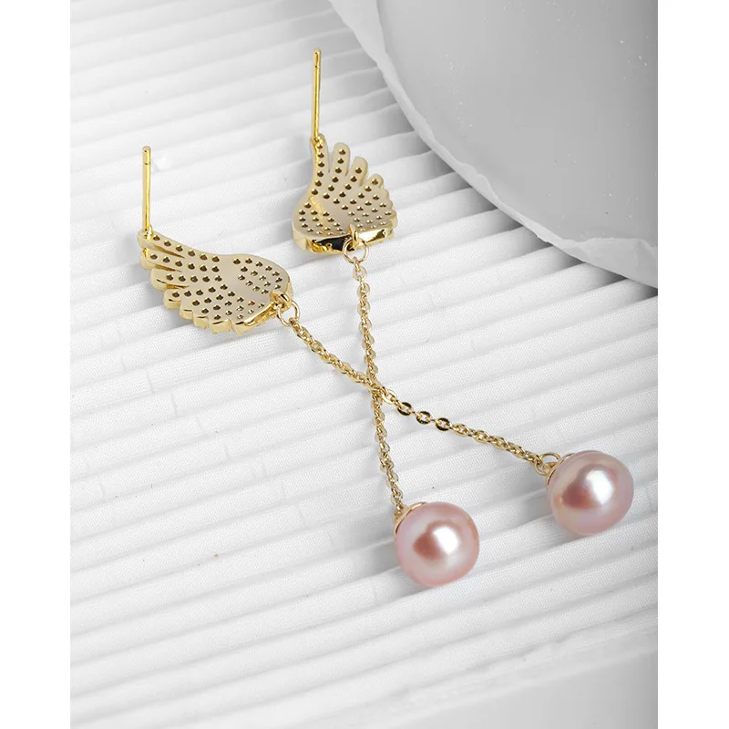 

AIYANISHI 18K Gold Filled Natural Freshwater Peal Drop Earrings Women Engagement Wings Link Chain Pearl Earrings Fashion Jewelry