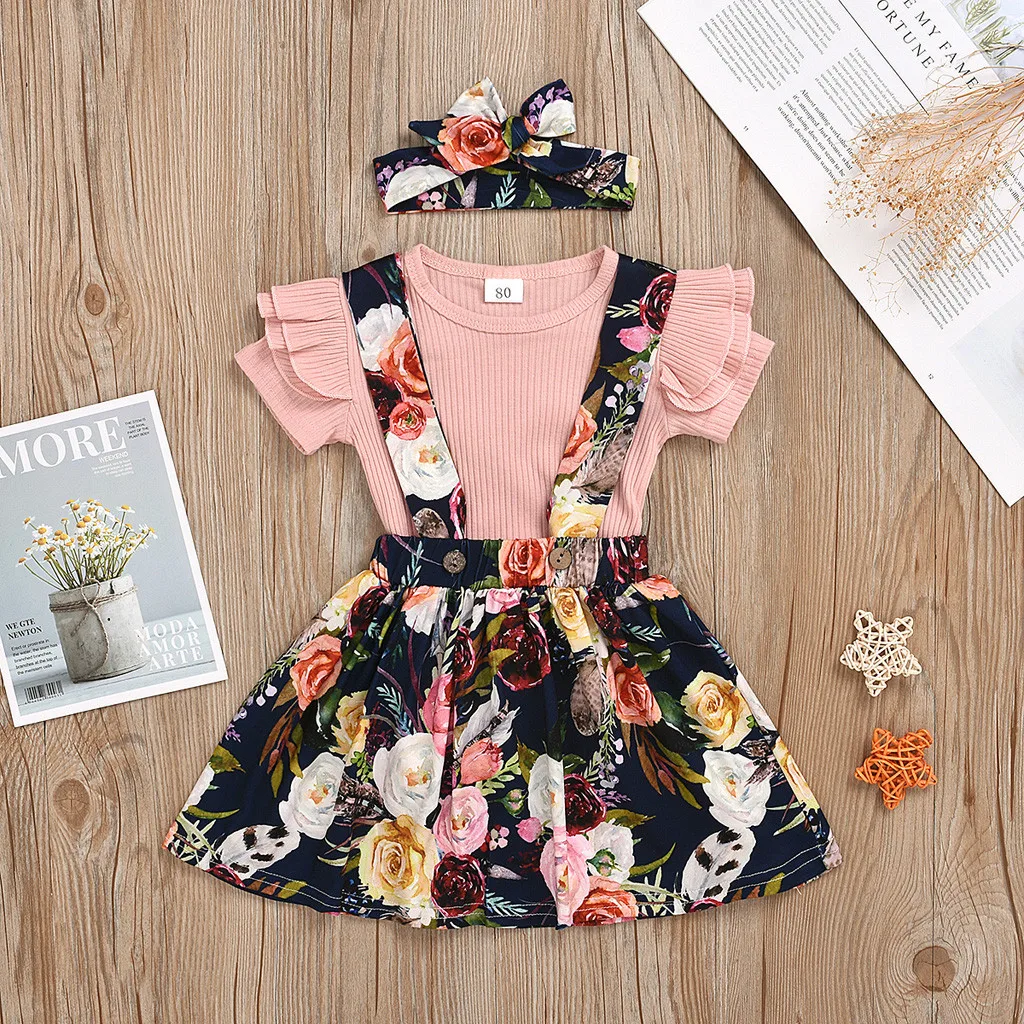 

Kids Clothes Girls Ropa Sets одежда toddler Baby Girls T-shirt Tops Floral Suspender Skirt Headband Outfits Set деская дежда