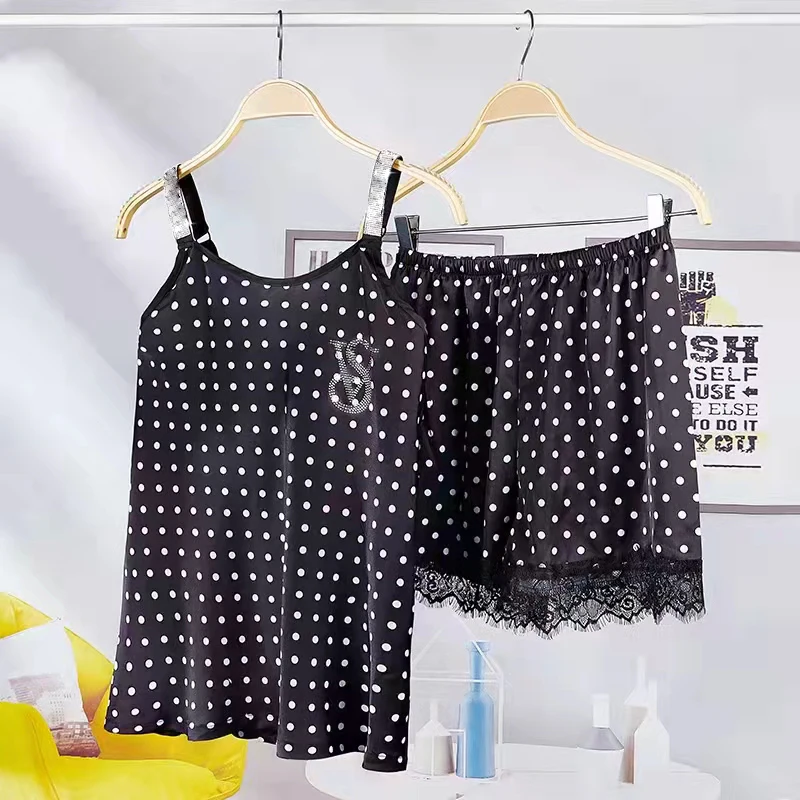 

Summer Satin Silk Pajamas Sets Sleeveless Brand Sleepwear Women Sexy Lace Letter Rhinestone Spaghetti Strap Pijama Homewear