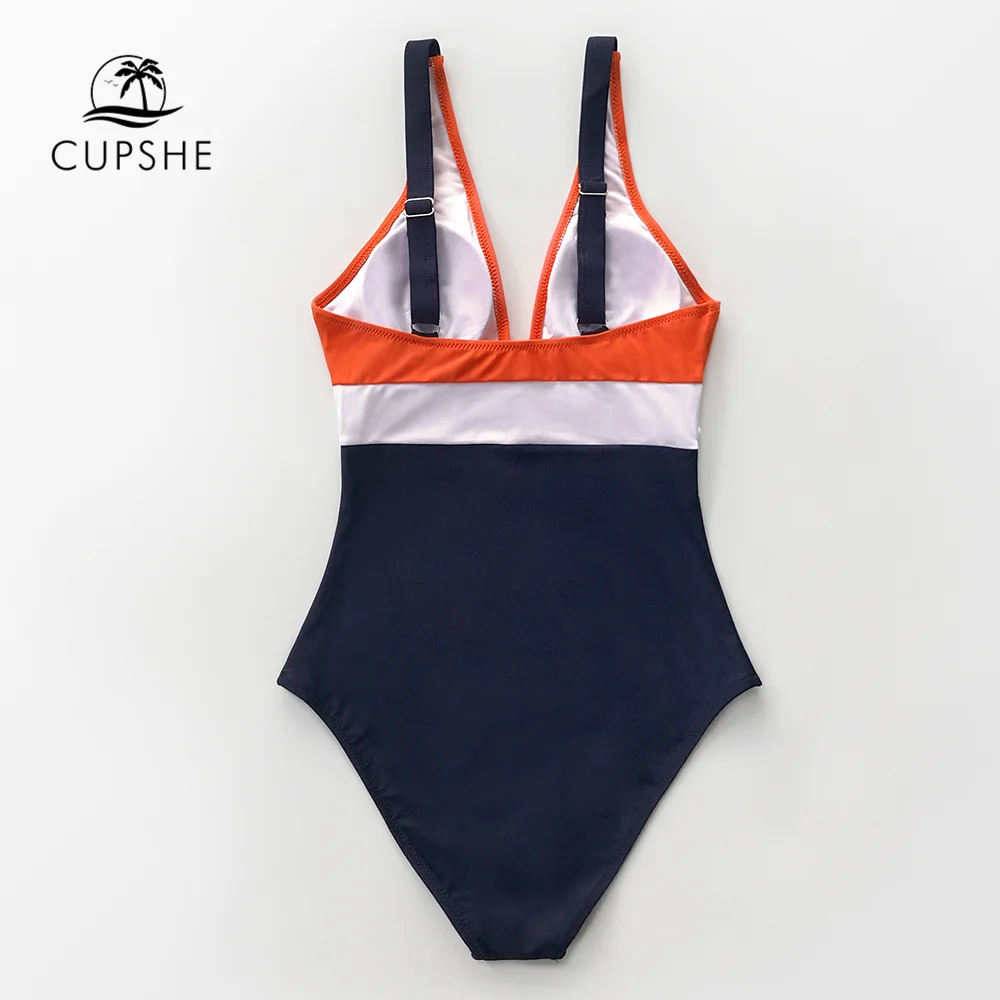 CUPSHE оранжевый белый и темно-синий Ruching Цельный купальник сексуальный v-образный