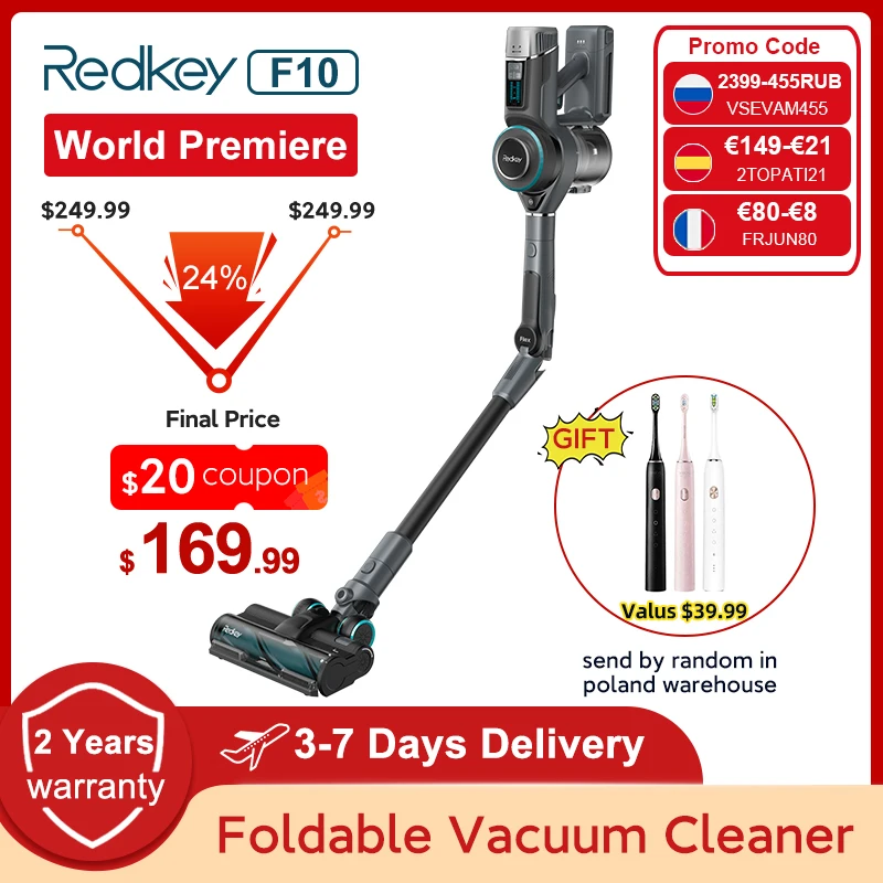  Ручной беспроводной складной пылесос Redkey F10, 23 кПа, Съемная батарея, все в одном, пылесборник, напольный ковровый аспиратор 