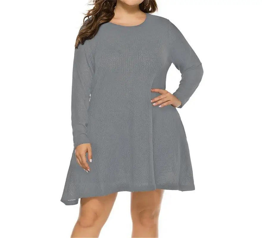 2021 Black Gray Blue Plus Size Women's Sweater Long Sleeved Summer Round Neck Loose And Comfortable Retro Knee Dress