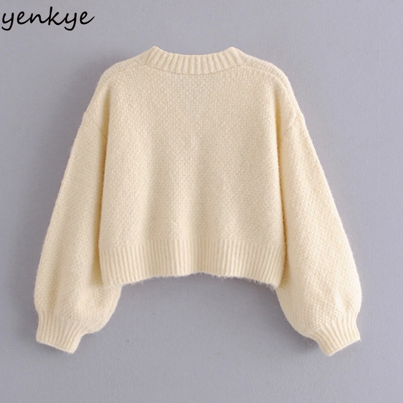 

New Fashion Women Vintage Solid Color Cropped Cardigan Sweater Lantern Sleeve V Neck Single Breasted Casual Outerwear Plus Size