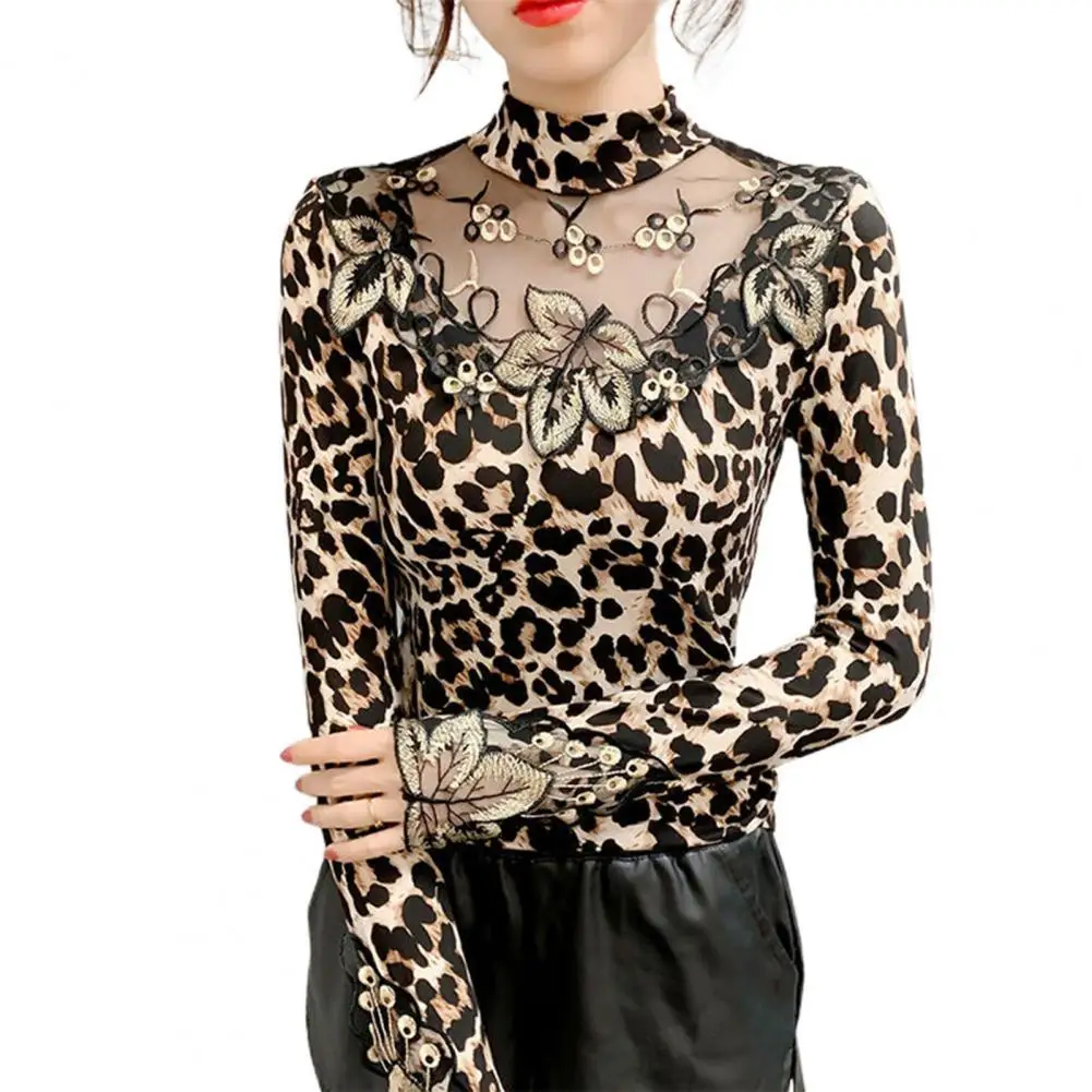 

Sexy Women T-Shirts Long Sleeve Tee Leopard Print Leaf Embroidery Sheer Basic T-shirt camisetas de mujer футболка оверсайз 2021