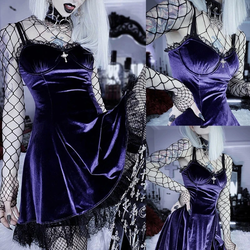 

Women Gothic Punk Sexy Velvet Slim Mini Dress Ruffles Lace Trim Bowknot Cross Pendant Spaghetti Strap Harajuku Clubwear