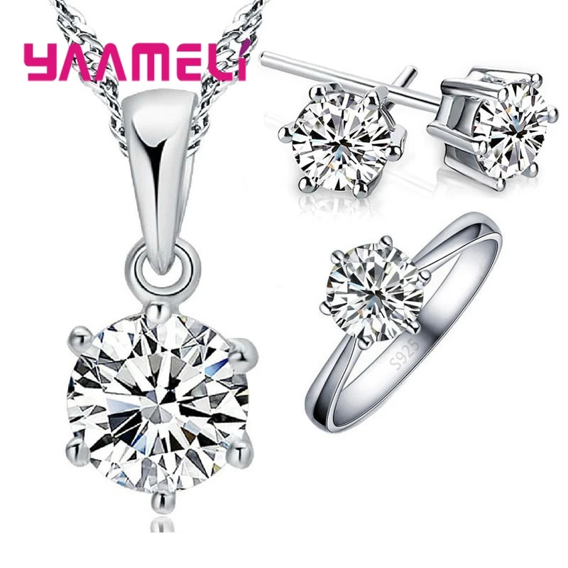 

Hot Woman Birthday Gift Wedding Jewelry Set Solid 925 Sterling Silver Shining Crystal Necklace Ring Earring 3 pcs