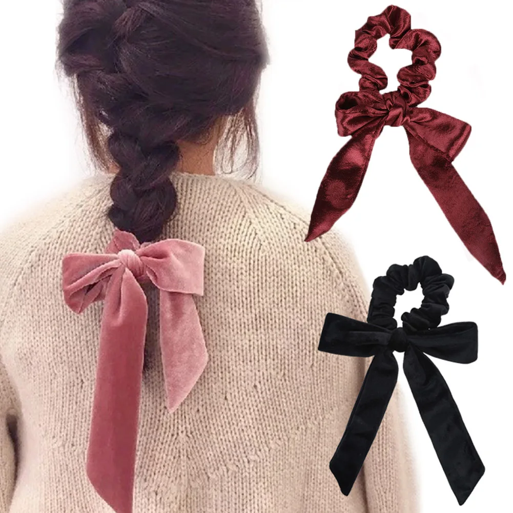 

Ladies Soft Velvet Hair Scrunchie Ribbon Girls Ponytail Holder Bow Hair Ties Elastic Hair Bands Elegant Headwear Accessories Red