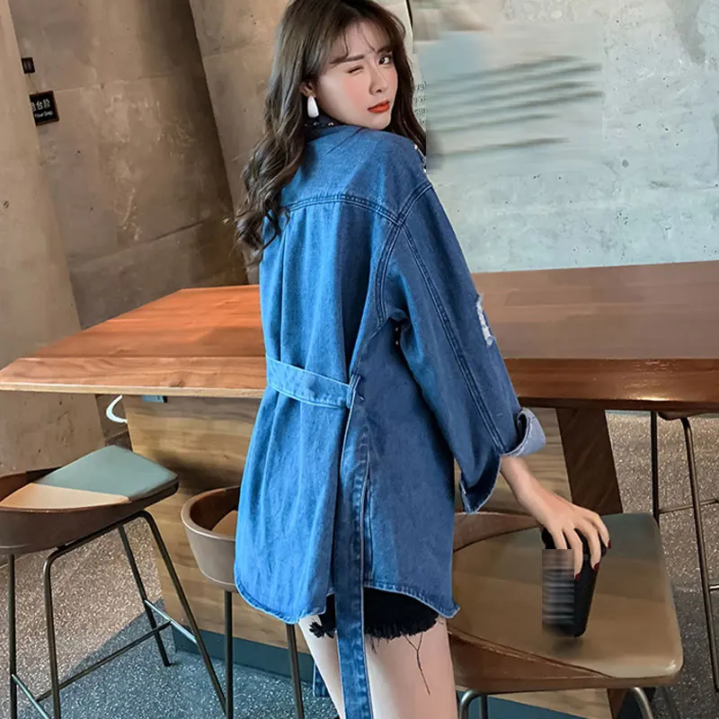 Женская куртка и пальто Весенняя Повседневная джинсовая с бусинами ремнем