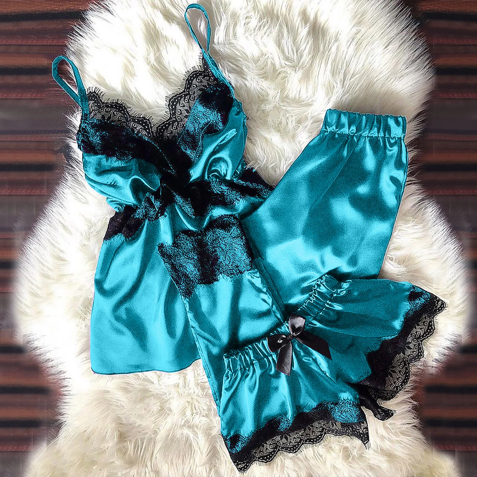 Пикантный Атласный Женский пижамный комплект кружевной с V образным вырезом и