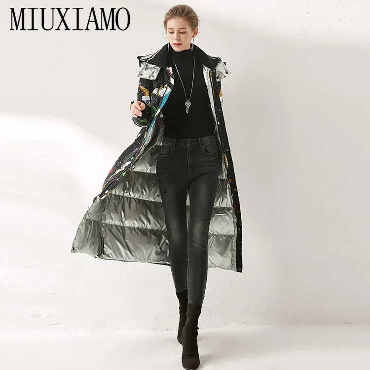 MIUXIMAO, зимнее пальто, свободное, с принтом пианино, элегантное, модное, теплое, длинное пальто, винтажное, X-long, женское пуховое зимнее пальто, Женское пальто
