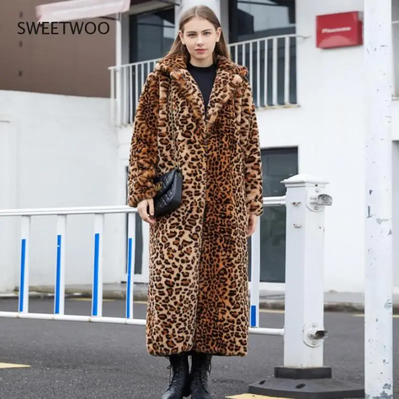 Fashion Faux Fox Fur Coat Women 2021 Winter Casual Spliced Leopard Print Fur Jacket Female Thick Warm Mid-Long Plush Outerwear